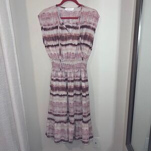 LONDON Tie Waist Midi Dress Smocked Casual Summer Dress Pink Purple L
